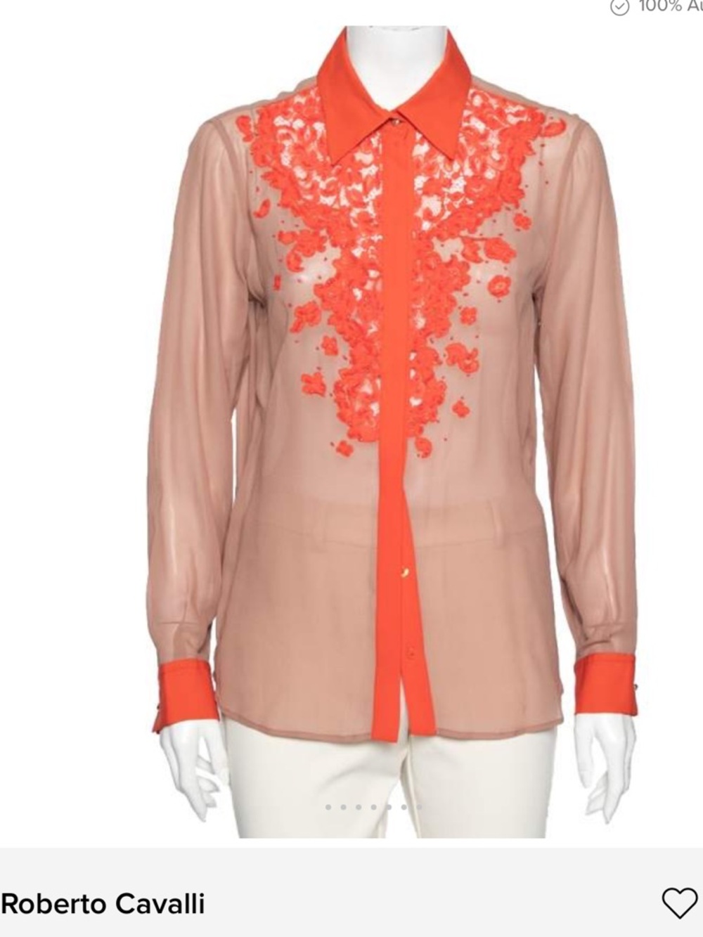 Roberto Cavalli Sheer Dusky Pink Silk Blouse with Bright Orange Lace Trim
